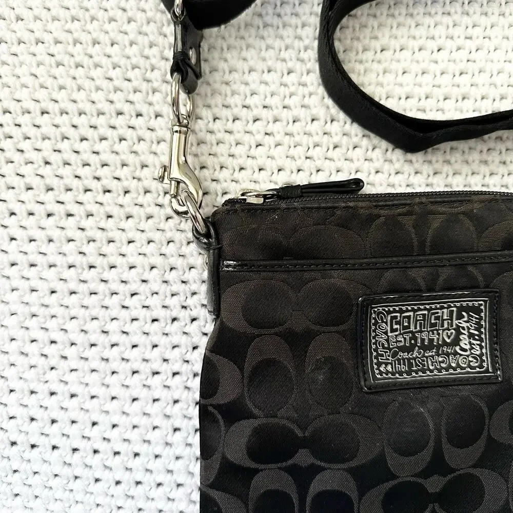 Coach Black Canvas Signature Poppy Patent Patch Small Slim Crossbody Bag